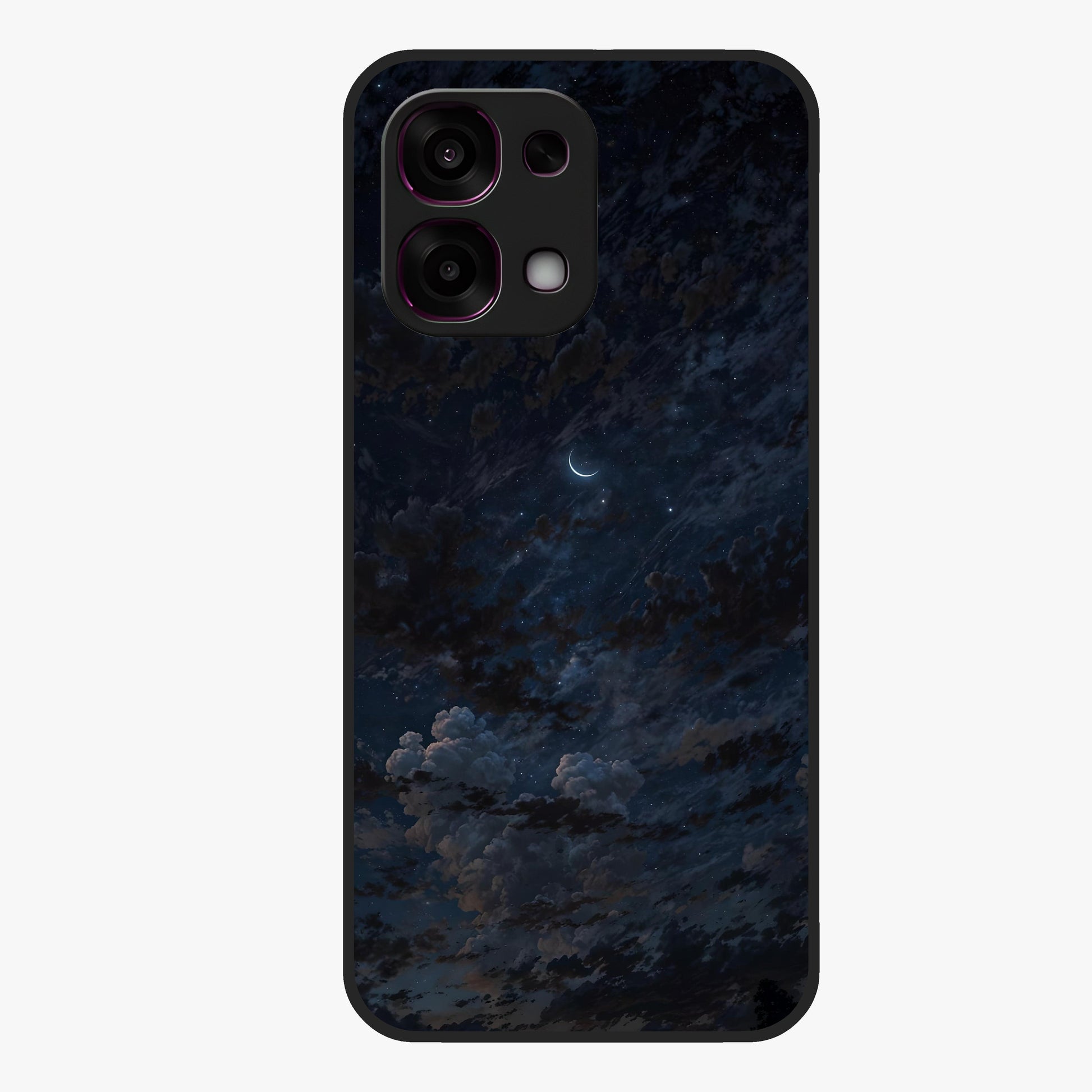 Lunar Veil Silence Glass Case showing flat back view with mystical moon veil artwork and glossy glass finish.