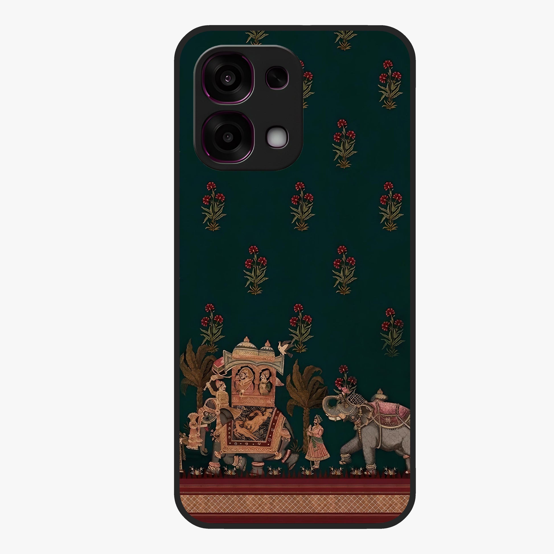 Macmerise Glass Case showing flat back view with stylish modern artwork and glossy glass finish.