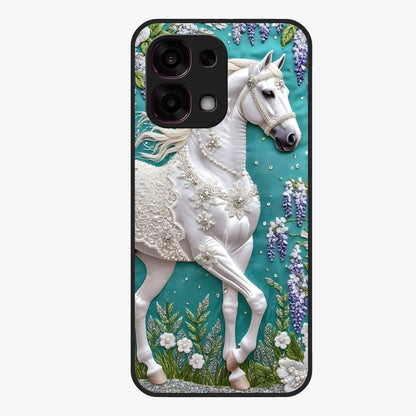 Majestic Floral Stallion Glass Case showing flat back view with powerful horse and floral artwork and glossy glass finish.