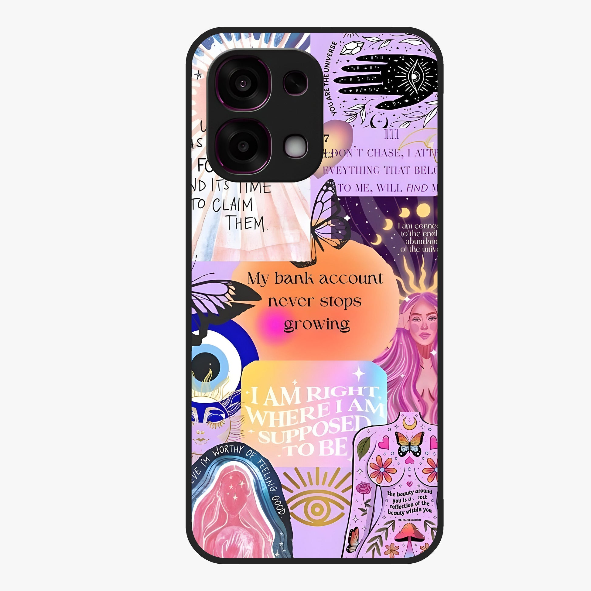 Manifestation Collage Glass Case showing flat back view with motivational collage artwork and glossy glass finish.