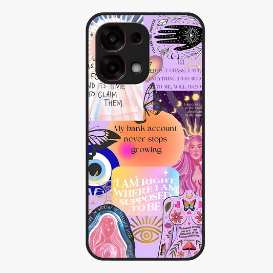 Manifestation Collage Glass Case showing flat back view with motivational collage artwork and glossy glass finish.