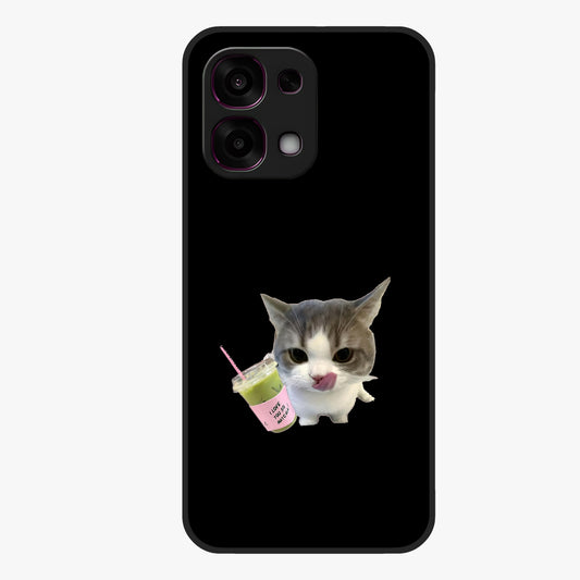 Matcha Cat Style Glass Case showing flat back view with cute matcha themed cat artwork and glossy glass finish.