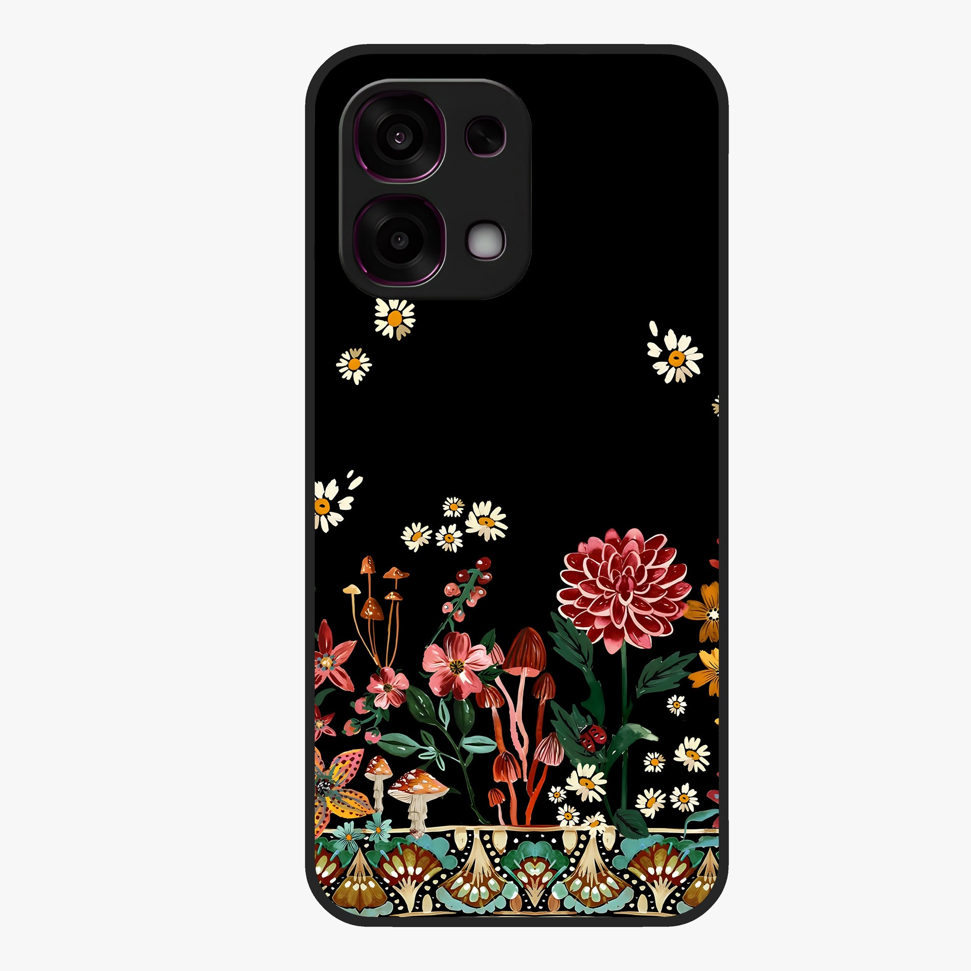 Midnight Bloom Pattern Glass Case showing flat back view with dark floral pattern artwork and glossy glass finish.