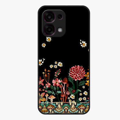 Midnight Bloom Pattern Glass Case showing flat back view with dark floral pattern artwork and glossy glass finish.