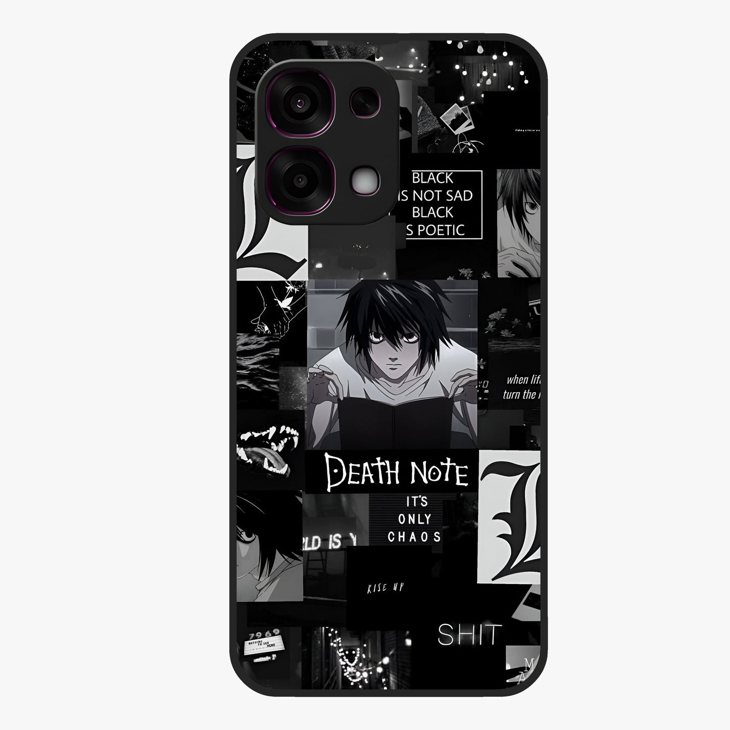 Midnight Chaos Mind Glass Case showing flat back view with abstract dark themed artwork and glossy glass finish.