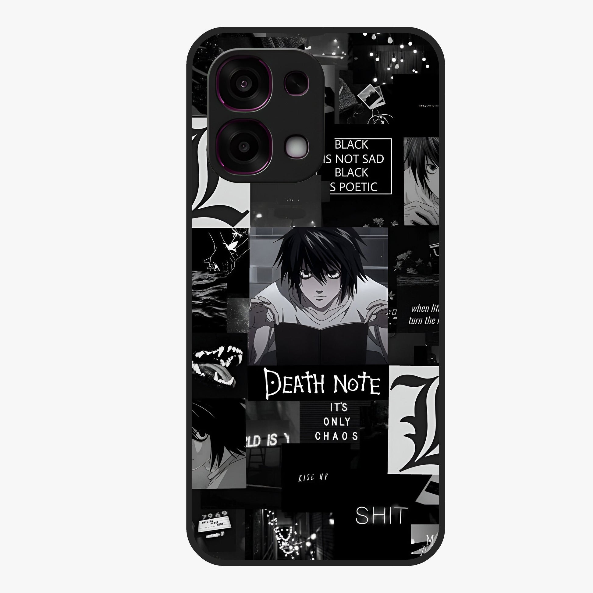 Midnight Chaos Mind Glass Case showing flat back view with abstract dark themed artwork and glossy glass finish.