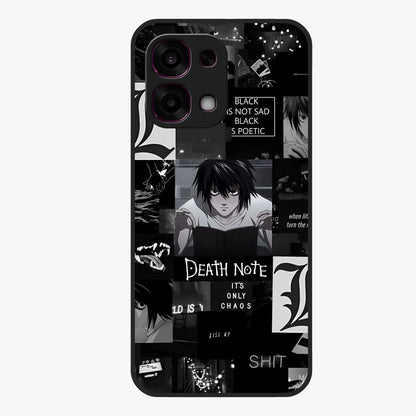 Midnight Chaos Mind Glass Case showing flat back view with abstract dark themed artwork and glossy glass finish.
