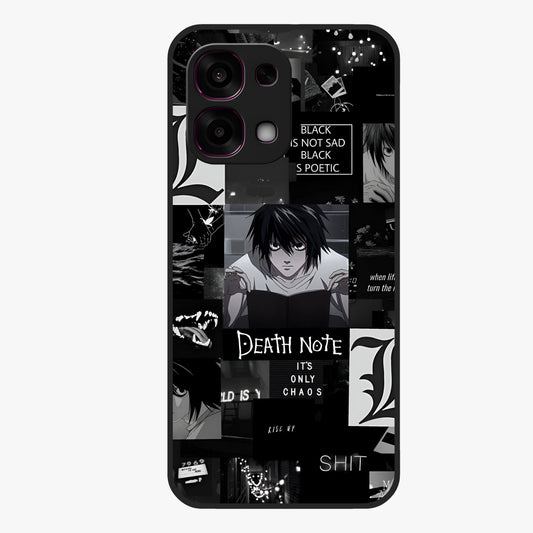 Midnight Chaos Mind Glass Case showing flat back view with abstract dark themed artwork and glossy glass finish.