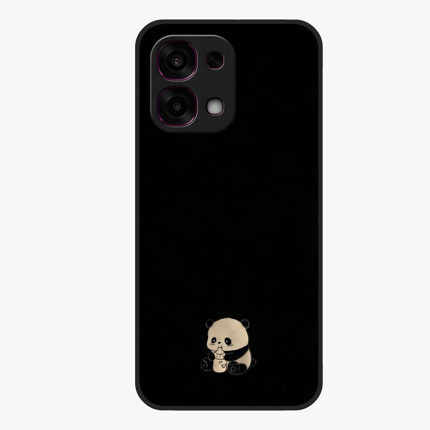 Midnight Panda Love Glass Case showing flat back view with cute panda themed artwork and glossy glass finish.