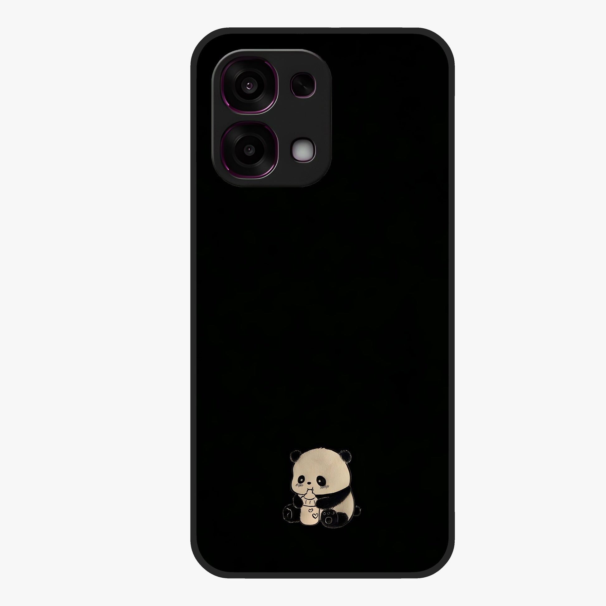 Midnight Panda Love Glass Case showing flat back view with cute panda themed artwork and glossy glass finish.