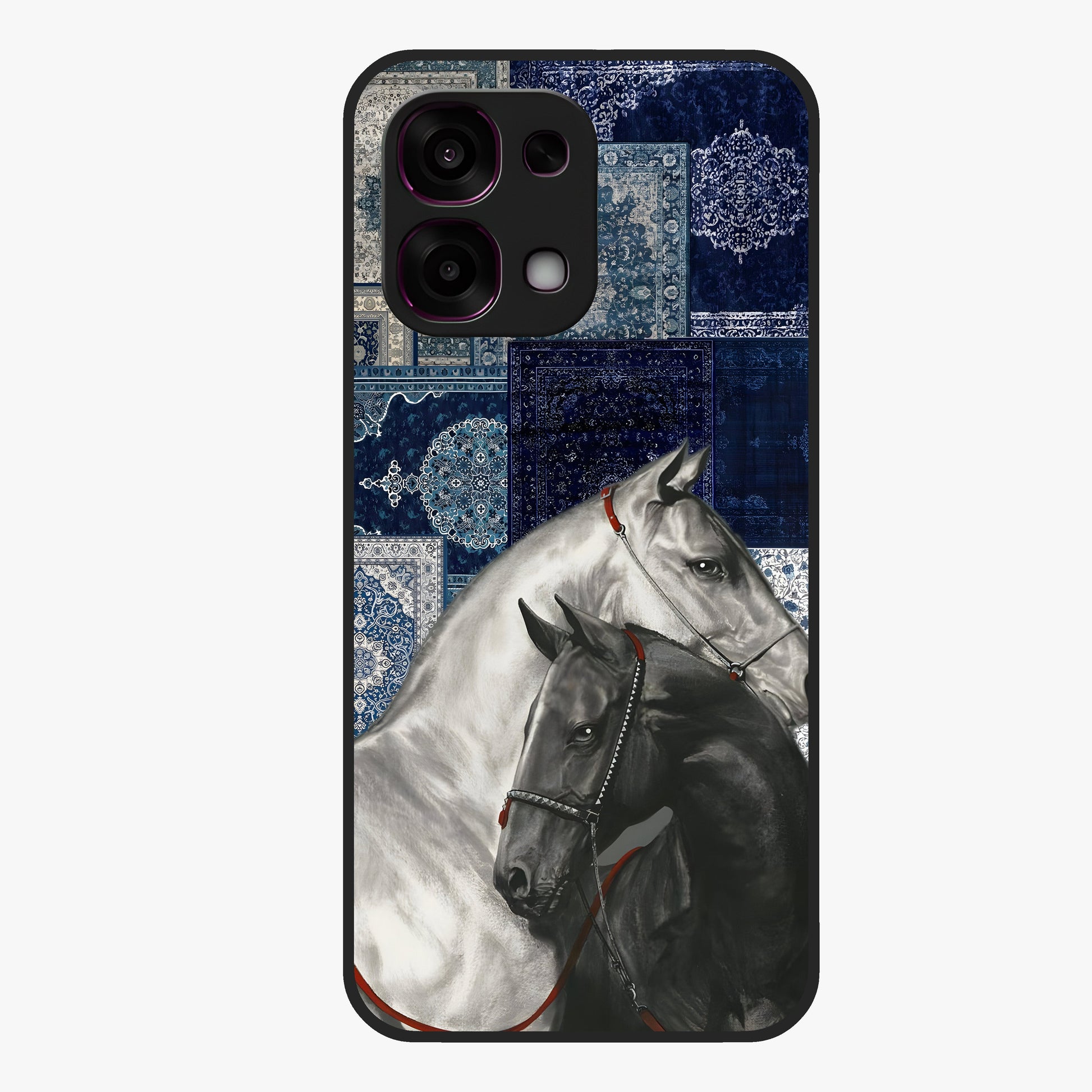 Midnight Stallion Blues Glass Case showing flat back view with majestic horse artwork and glossy glass finish.