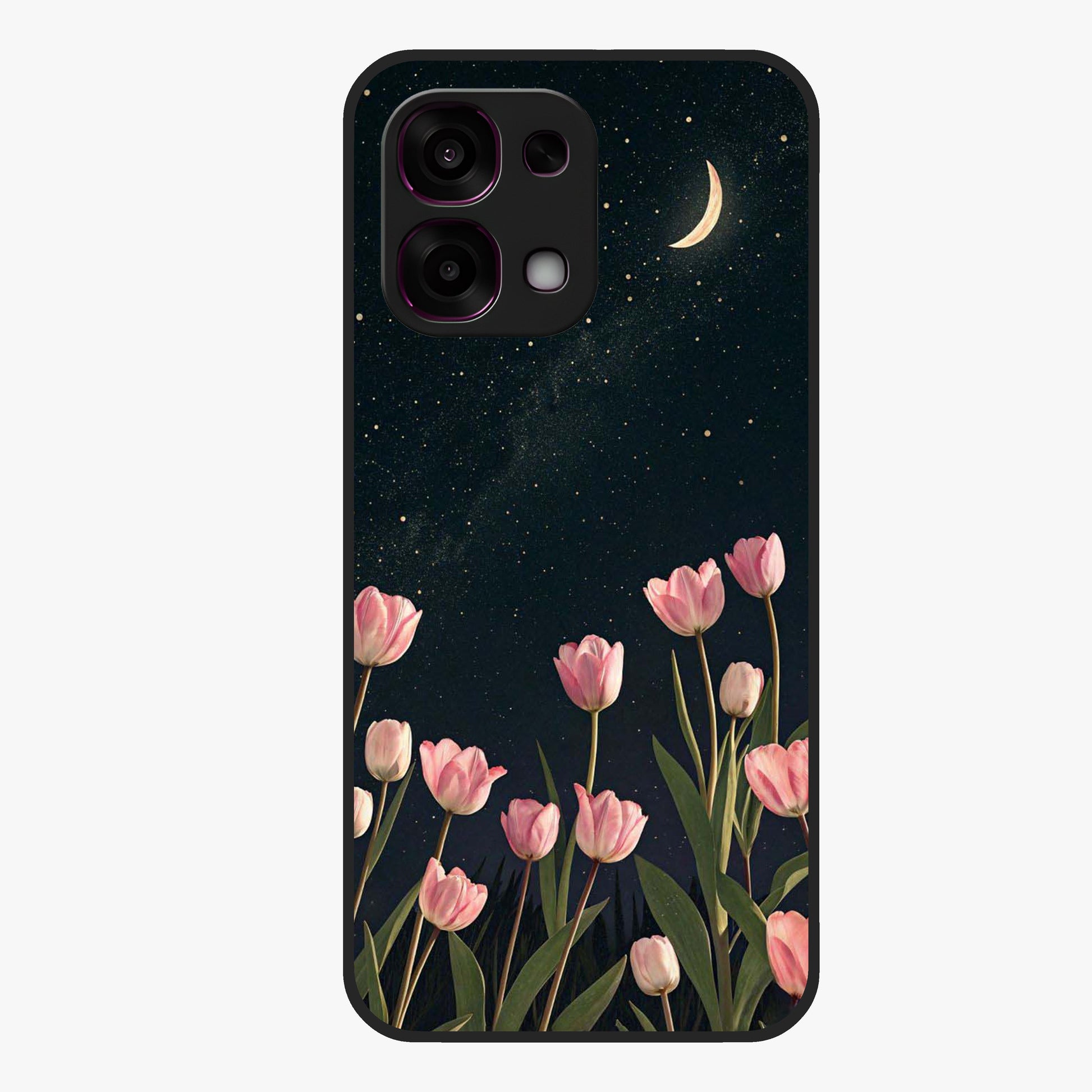 Midnight Tulip Whispers Vibe Glass Case showing flat back view with elegant tulip flower artwork and glossy glass finish.