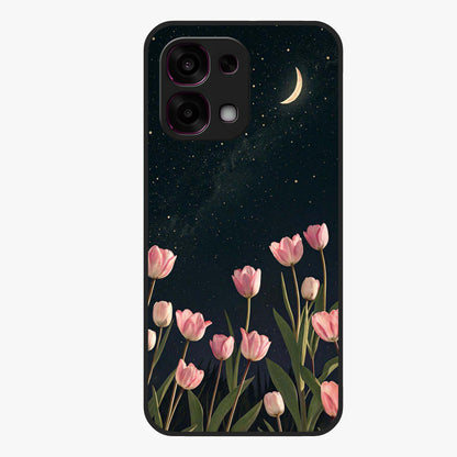 Midnight Tulip Whispers Vibe Glass Case showing flat back view with elegant tulip flower artwork and glossy glass finish.