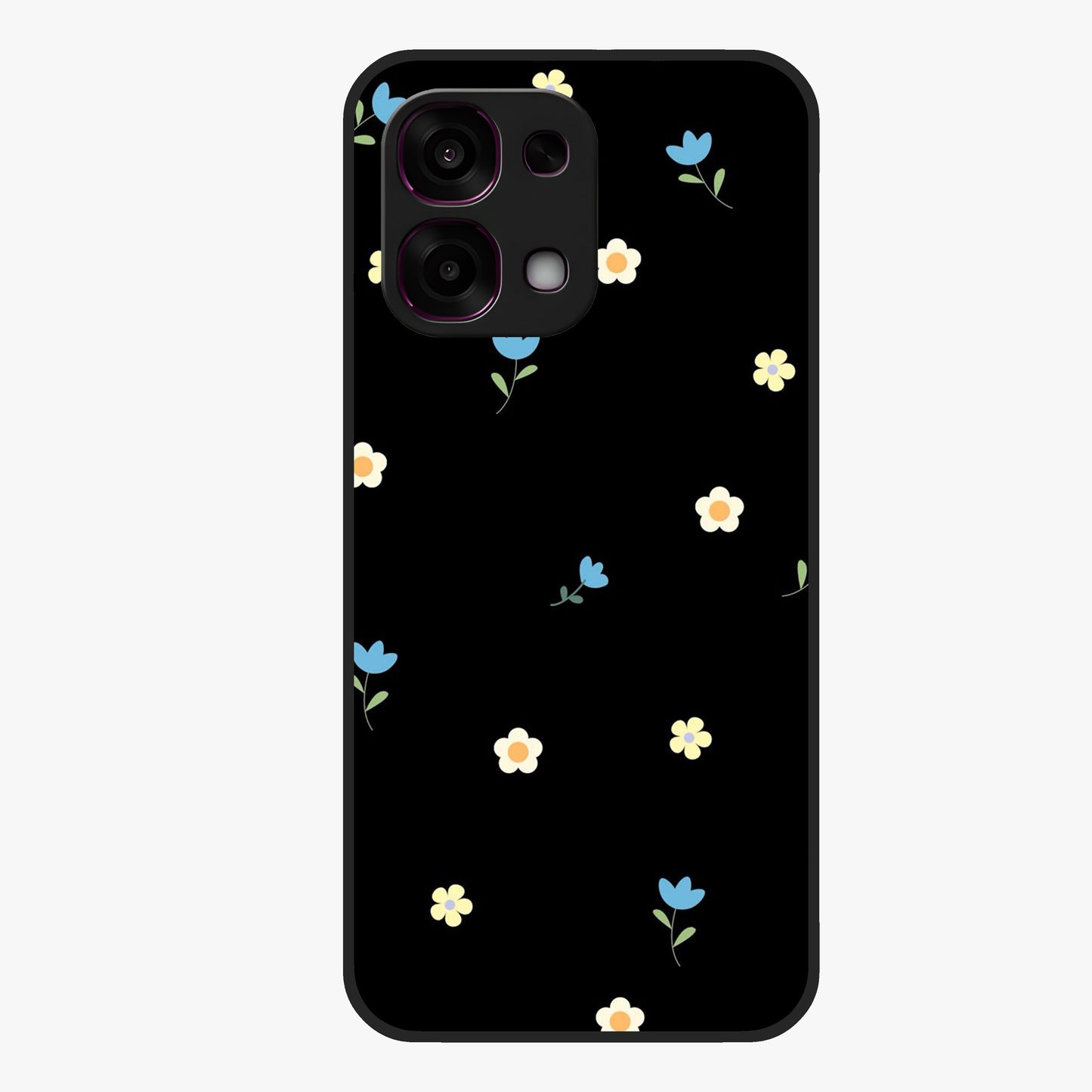 Minimalistic Blue With White Flower Pattern Glass Case showing flat back view with blue background and white flower pattern and glossy glass finish.