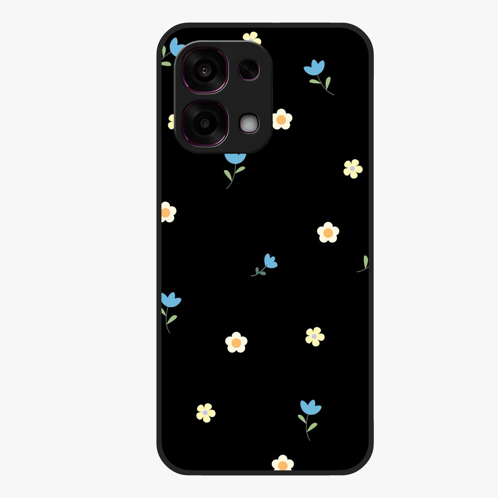 Minimalistic Blue With White Flower Pattern Glass Case showing flat back view with blue background and white flower pattern and glossy glass finish.