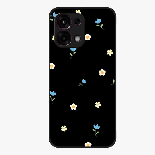 Minimalistic Blue With White Flower Pattern Glass Case showing flat back view with blue background and white flower pattern and glossy glass finish.