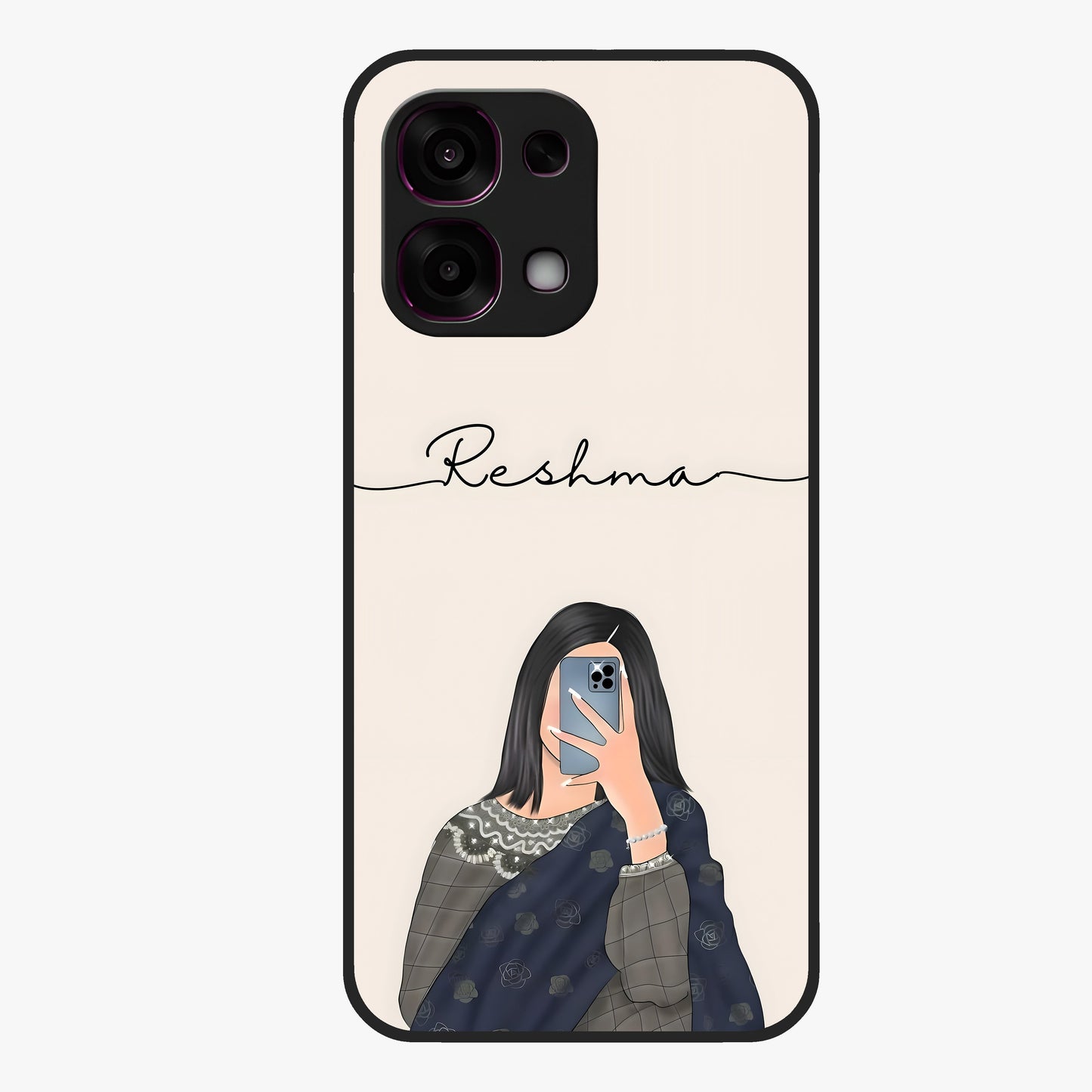Mirror Mood Muse With Custom Name Glass Case showing flat back view with stylish mirrored artwork and personalized name design.