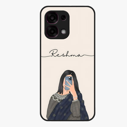 Mirror Mood Muse With Custom Name Glass Case showing flat back view with stylish mirrored artwork and personalized name design.