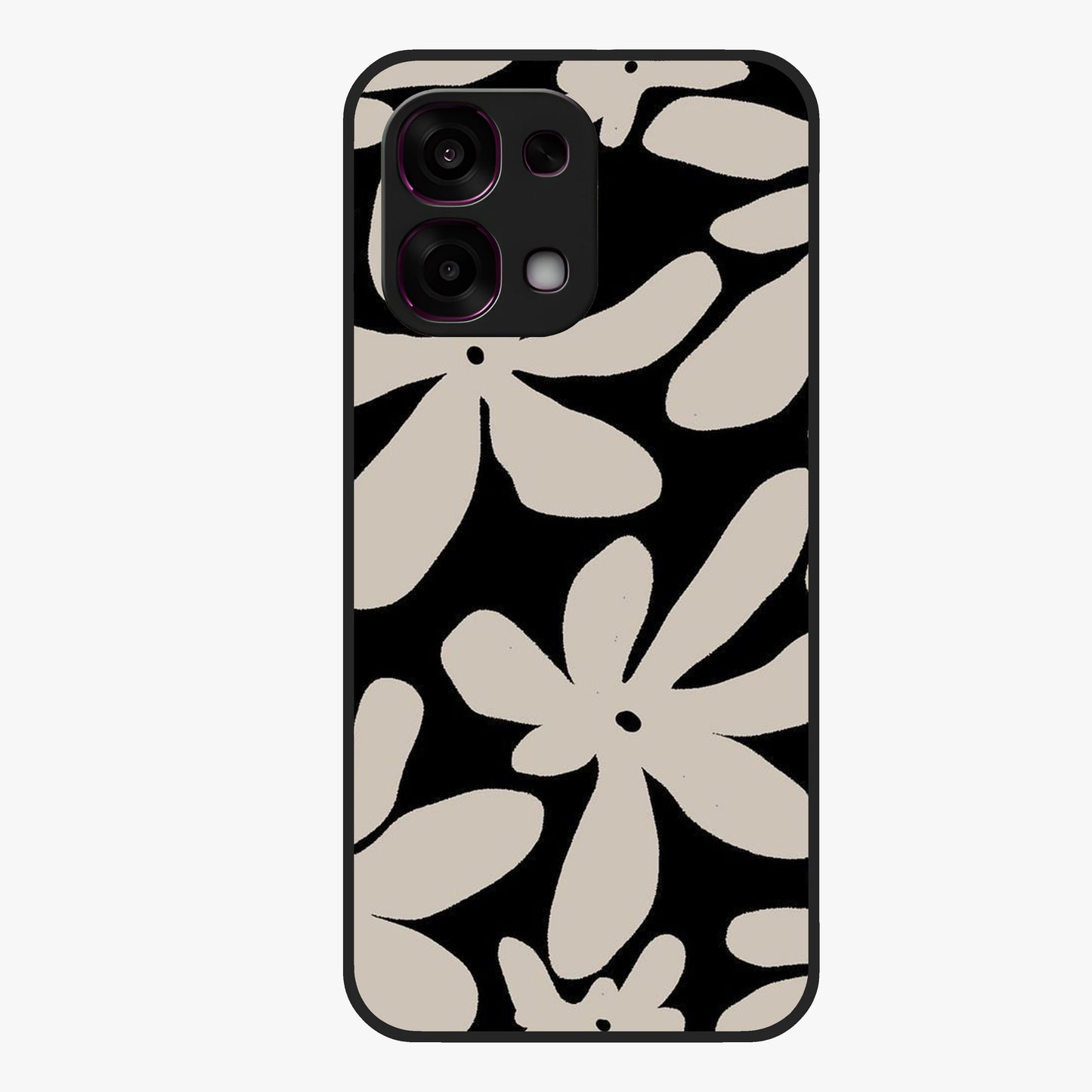 Monochrome Petal Dance Glass Case showing flat back view with monochrome floral artwork and glossy glass finish.