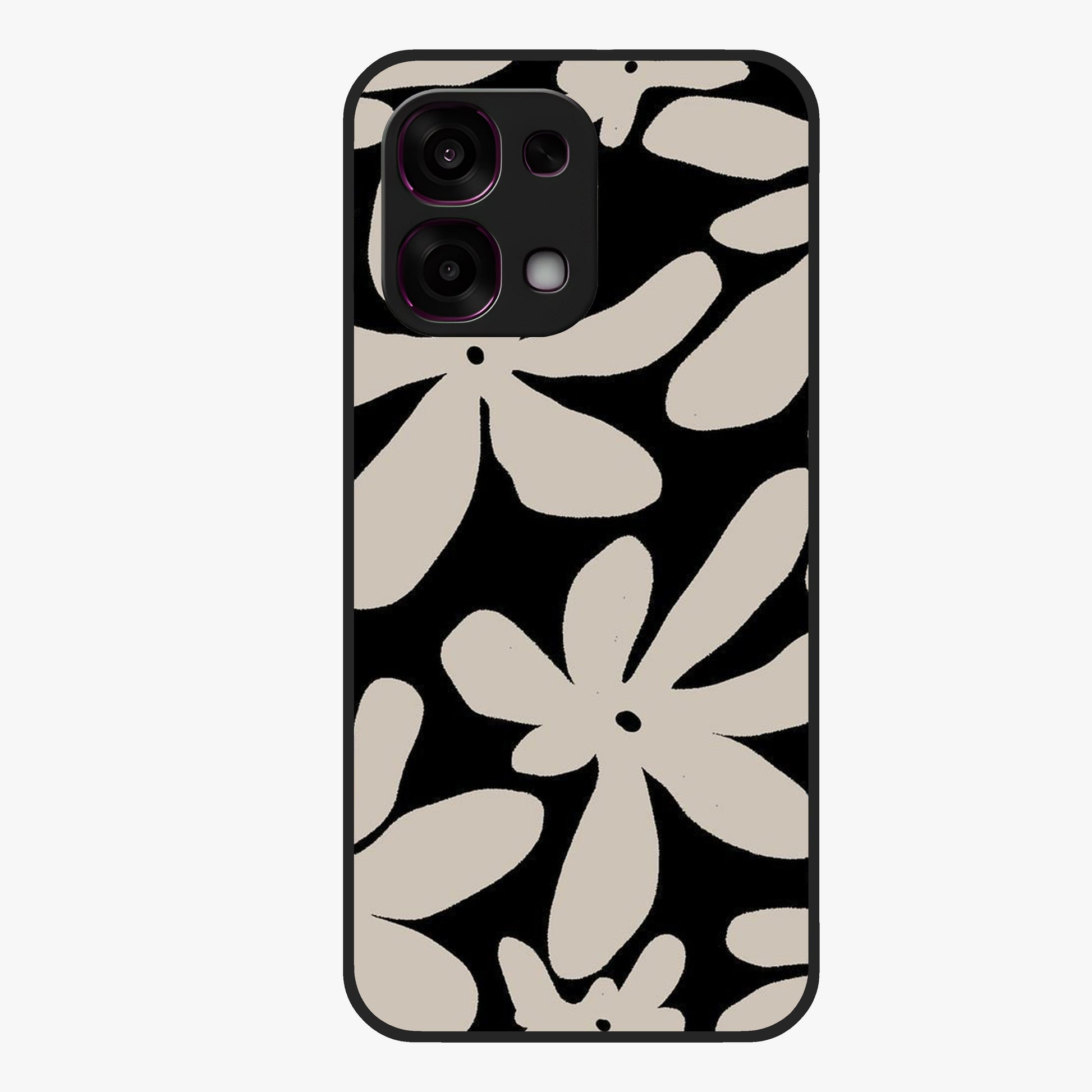 Monochrome Petal Dance Glass Case showing flat back view with monochrome floral artwork and glossy glass finish.