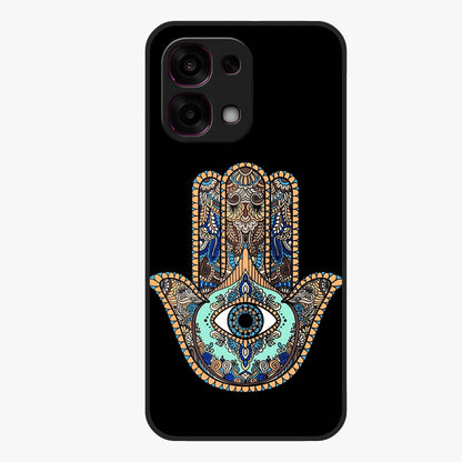 Mystic Hamsa Eye Glass Case showing flat back view with protective hamsa hand and evil eye artwork and glossy glass finish.