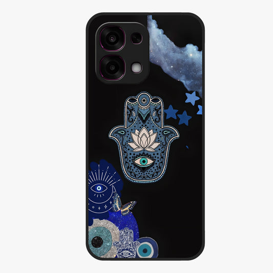 Mystic Hand Aura Glass Case showing flat back view with mystical hand symbol artwork and glossy glass finish.