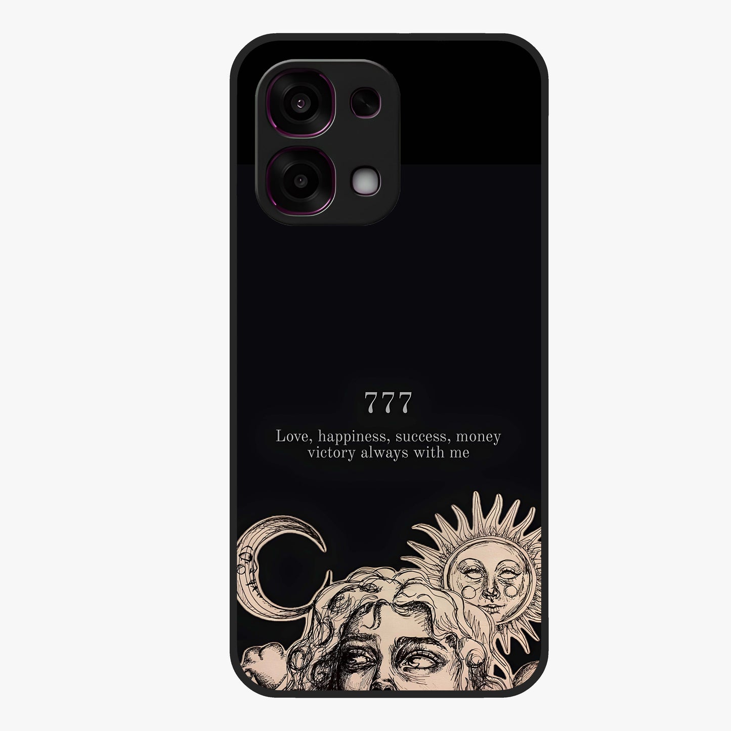 Mystic Victory Aura Glass Case showing flat back view with victory symbol artwork and glossy glass finish.