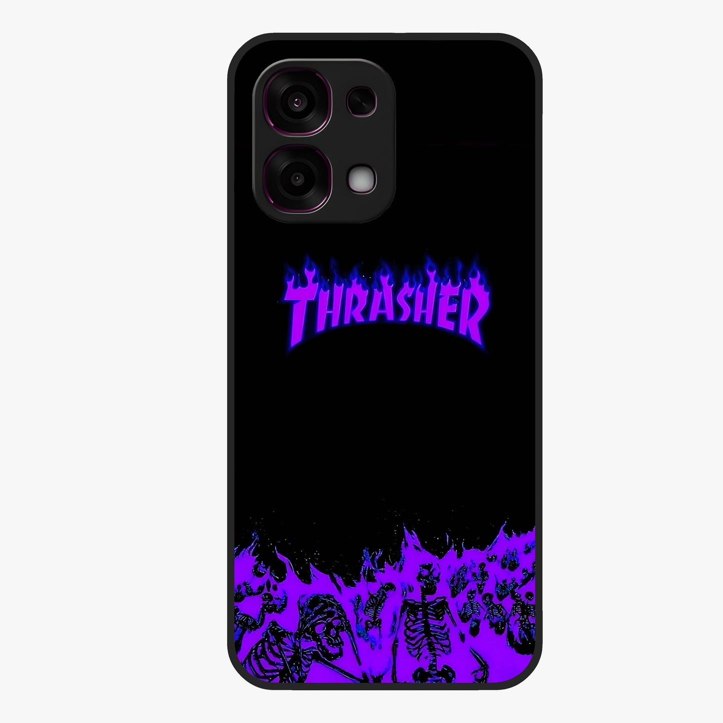 Neon Flame Riot Glass Case showing flat back view with neon flame artwork and glossy glass finish.