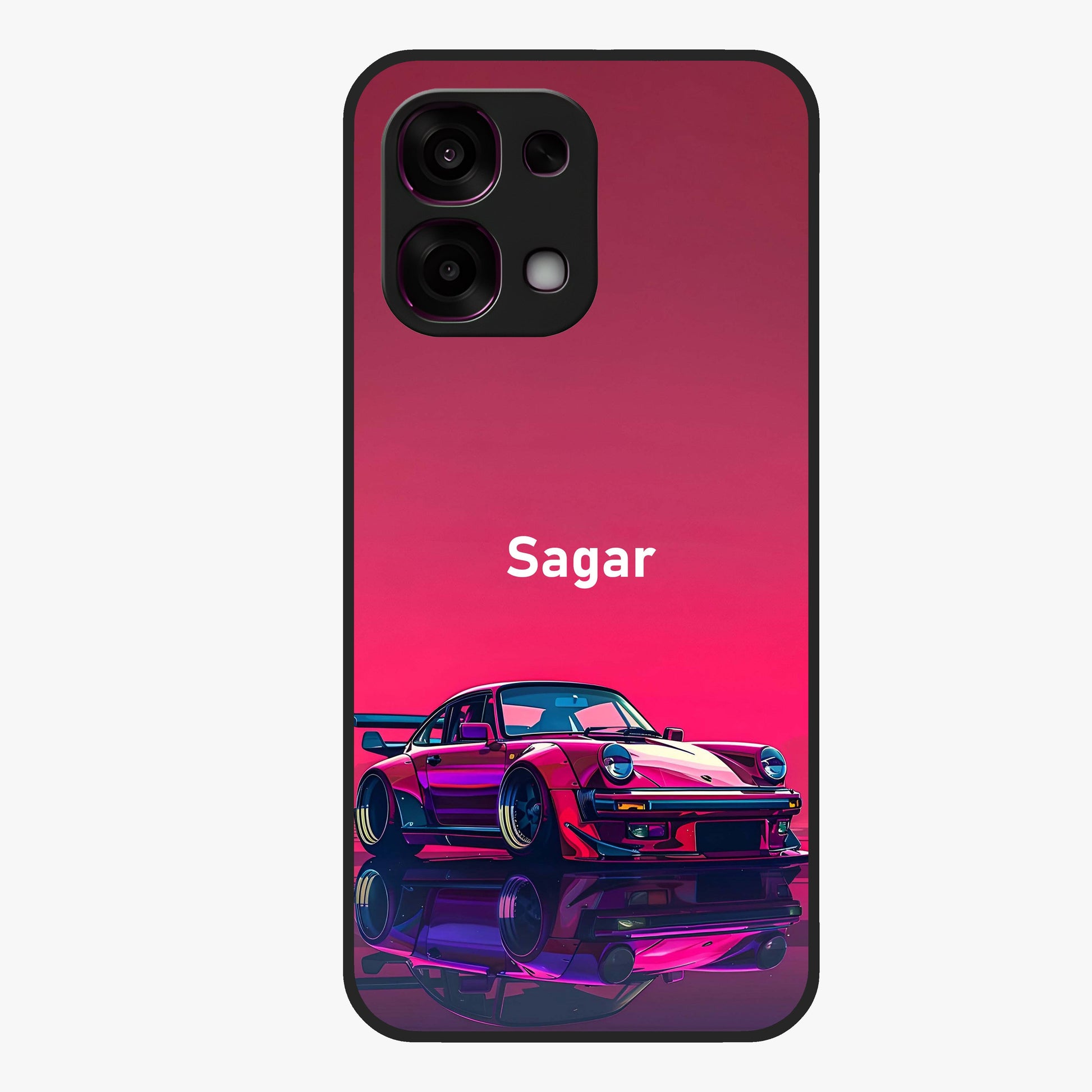 Neon Pink Porsche Glass Case showing flat back view with stylish sports car artwork and glossy glass finish.