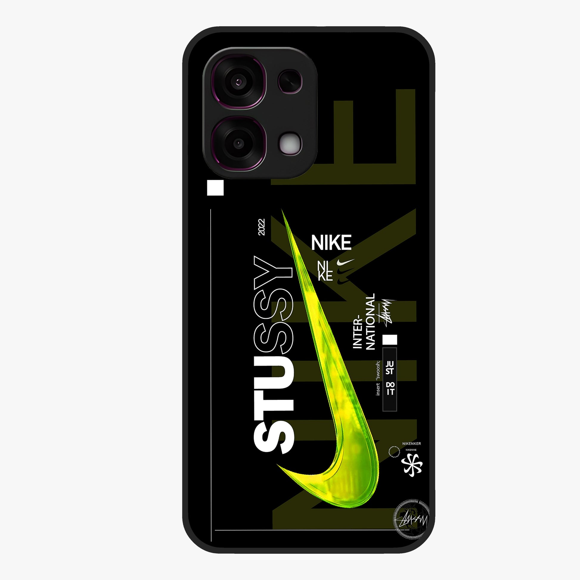 Neon Street Edition Glass Case showing flat back view with neon street style artwork and glossy glass finish.