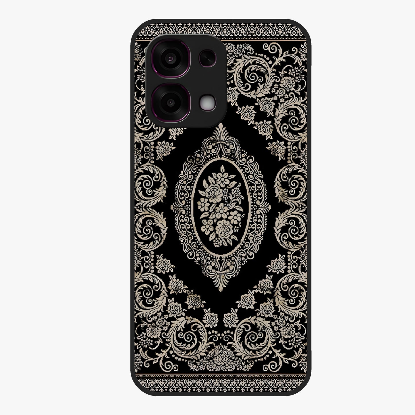 Noir Bloom Elegance Glass Case showing flat back view with elegant dark floral artwork and glossy glass finish.
