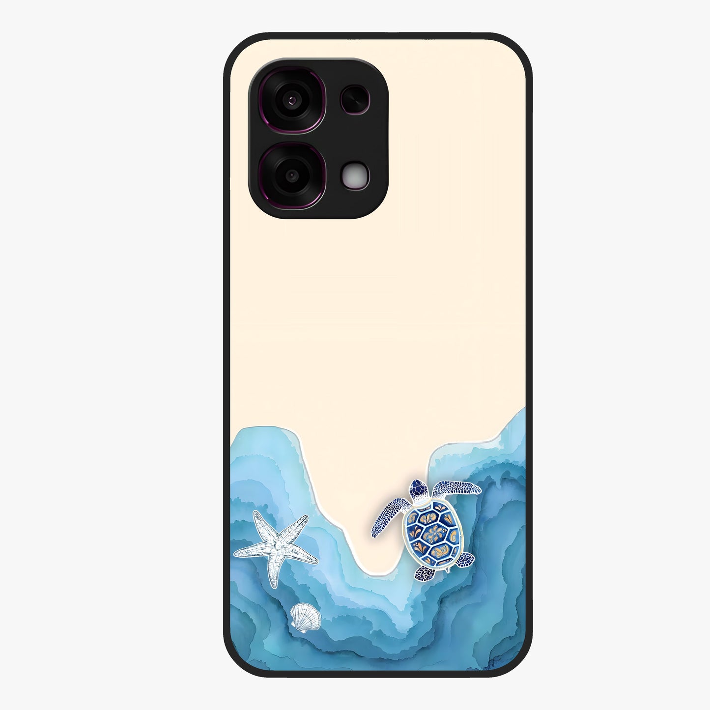 Ocean Drift Turtle Glass Case showing flat back view with sea turtle artwork and glossy glass finish.