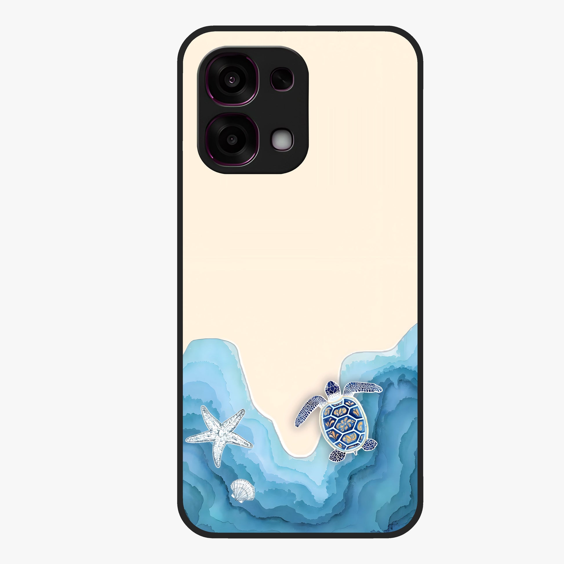 Ocean Drift Turtle Glass Case showing flat back view with sea turtle artwork and glossy glass finish.