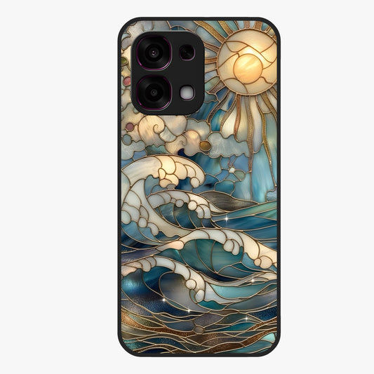 Oceanic Stained Printed Glass Case showing flat back view with ocean inspired stained pattern artwork and glossy glass finish.