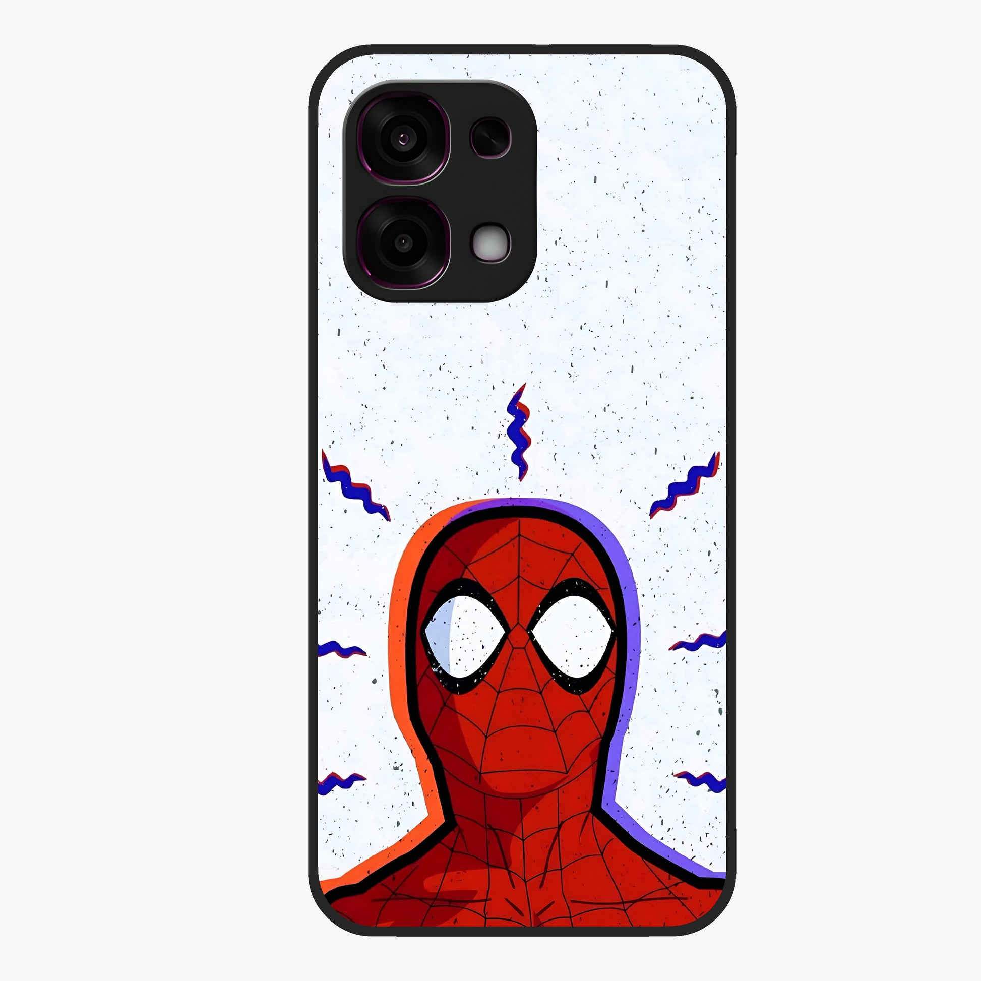 Omg Spiderman Glass Case showing flat back view with bold superhero inspired artwork and glossy glass finish.