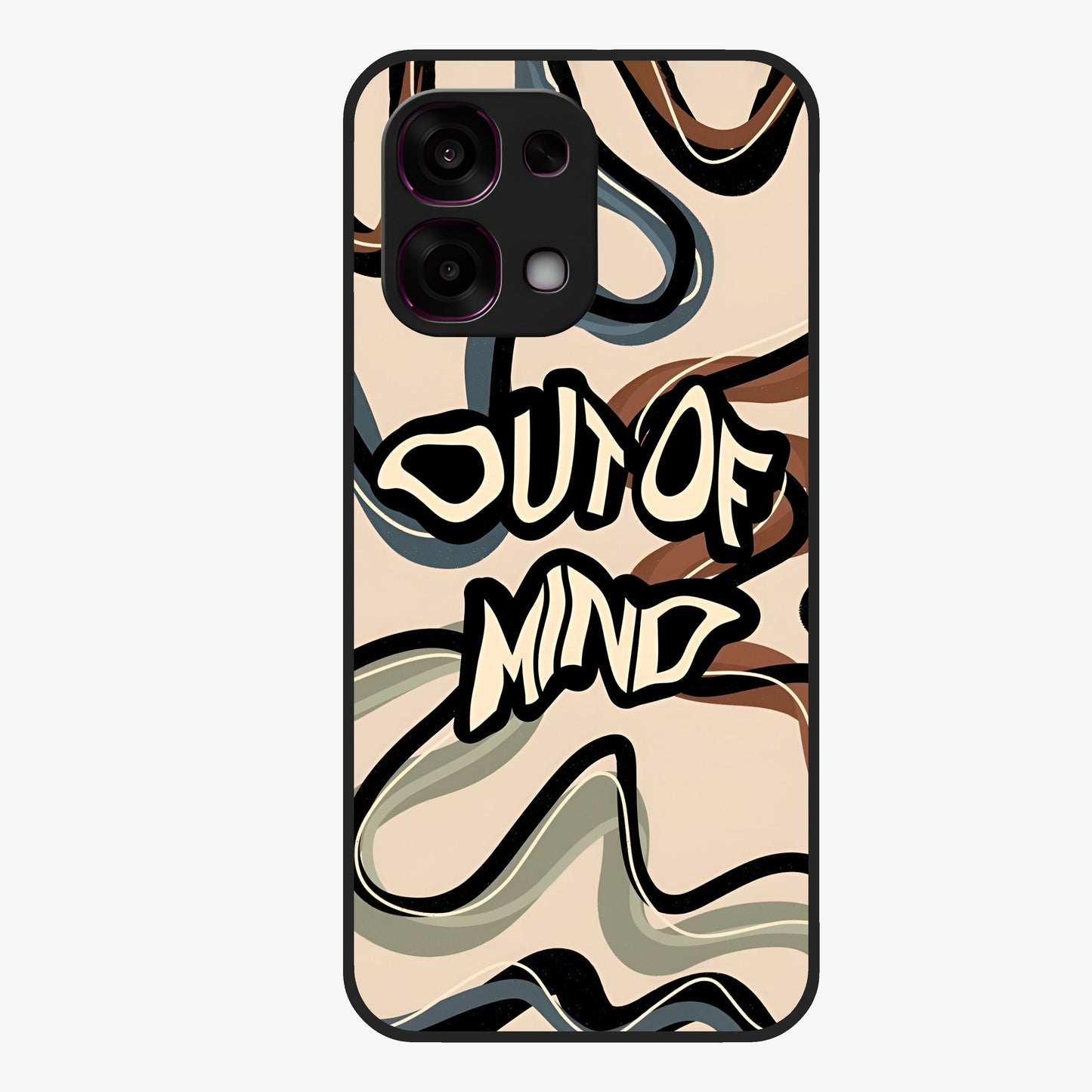 Out Of Mind Glass Case showing flat back view with expressive typography artwork and glossy glass finish.