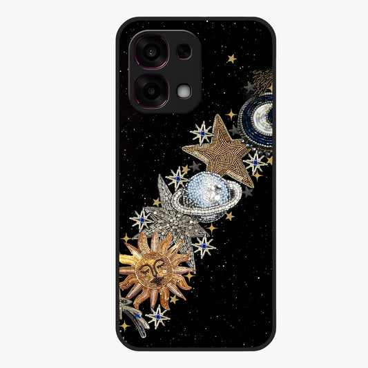 Pearls Universe Object Glass Case showing flat back view with pearl inspired cosmic artwork and glossy glass finish.