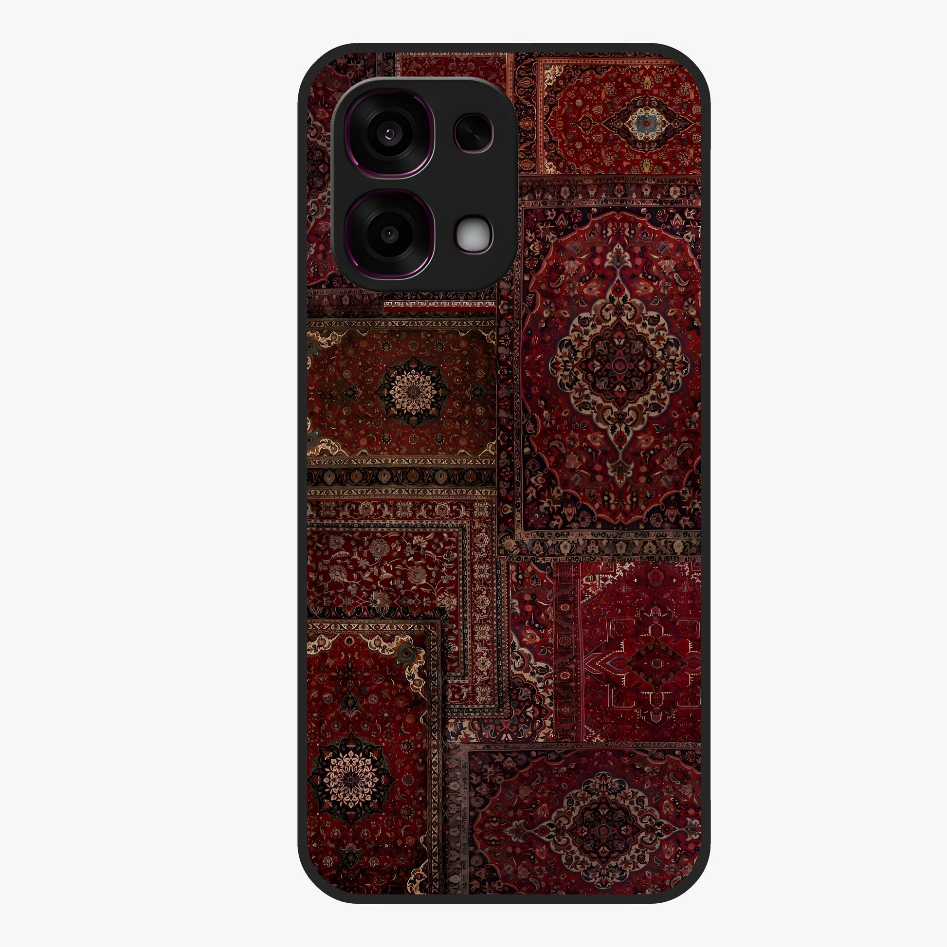 Persian Velvet Tale Glass Case showing flat back view with luxurious Persian velvet pattern artwork and glossy glass finish.