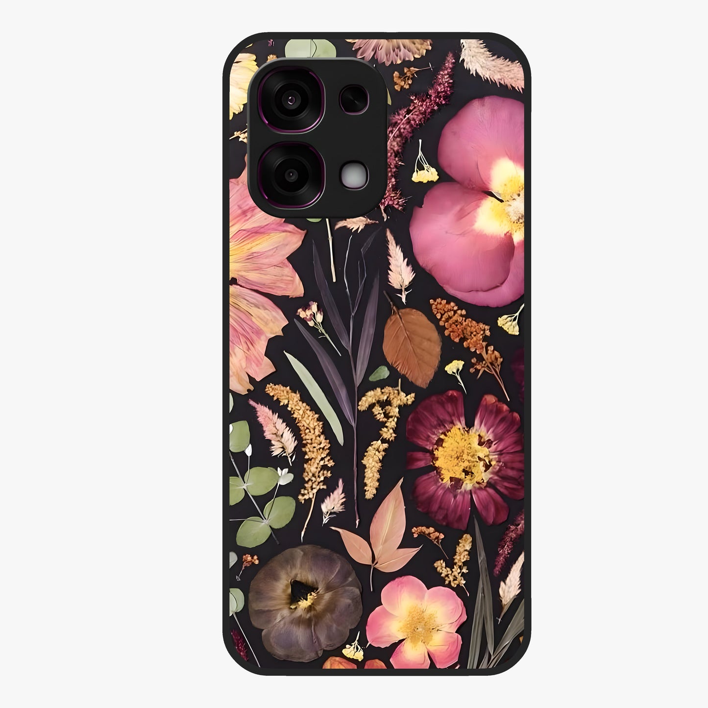 Petal Dream Tapestry Glass Case showing flat back view with intricate floral tapestry artwork and glossy glass finish.