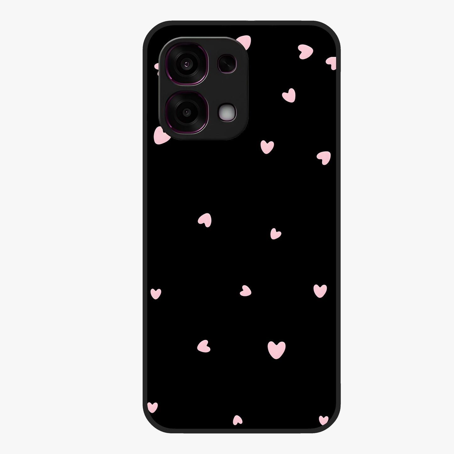 Pink Love Drops Glass Case showing flat back view with playful pink heart drops artwork and glossy glass finish.