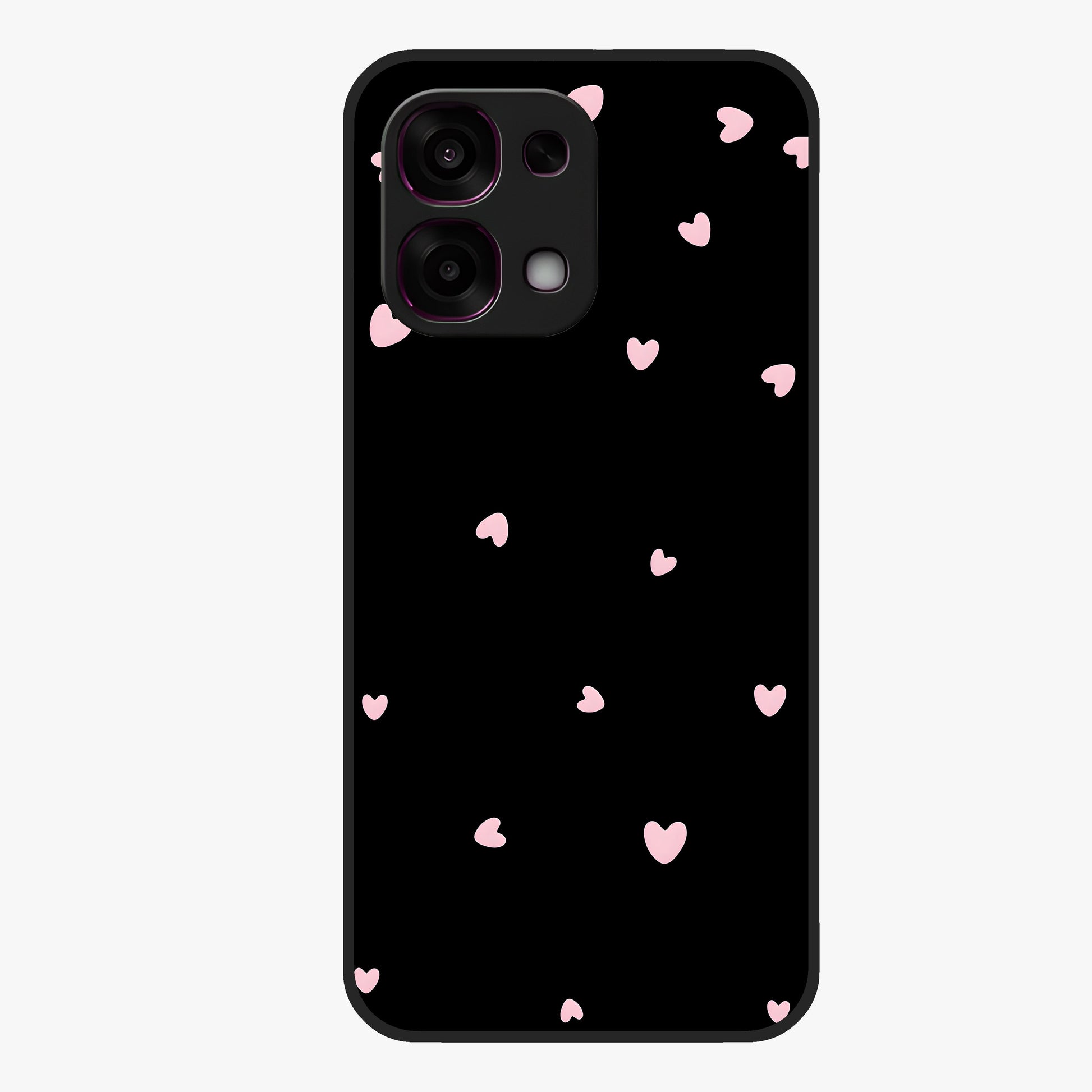 Pink Love Drops Glass Case showing flat back view with playful pink heart drops artwork and glossy glass finish.