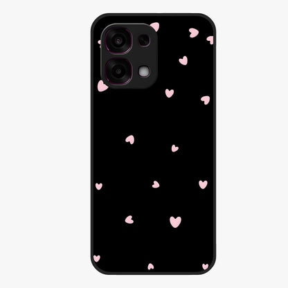 Pink Love Drops Glass Case showing flat back view with playful pink heart drops artwork and glossy glass finish.