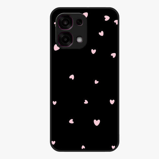 Pink Love Drops Glass Case showing flat back view with playful pink heart drops artwork and glossy glass finish.
