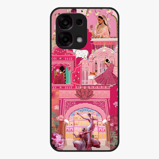 Pink Palace Muse Glass Case showing flat back view with elegant palace inspired artwork and glossy glass finish.