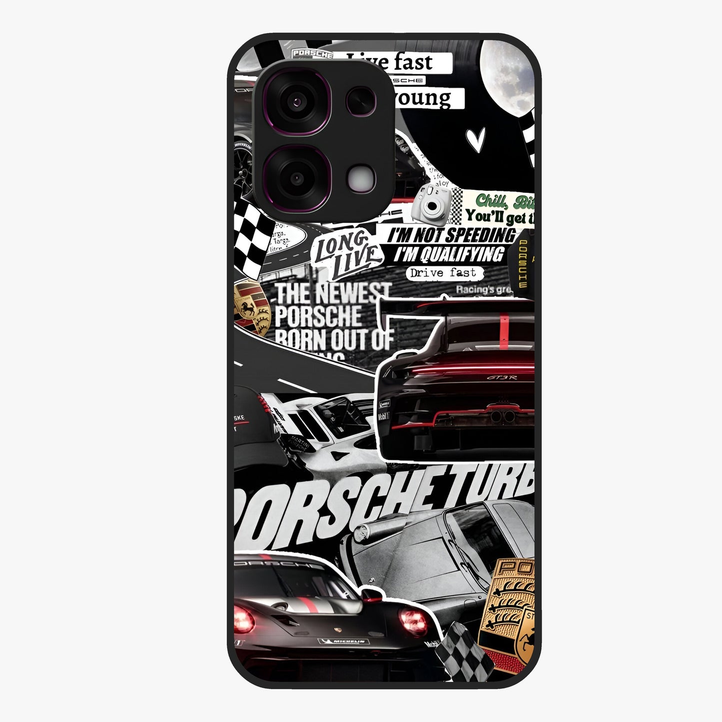 Porsche Racing Collage Glass Case showing flat back view with sports car racing collage artwork and glossy glass finish.