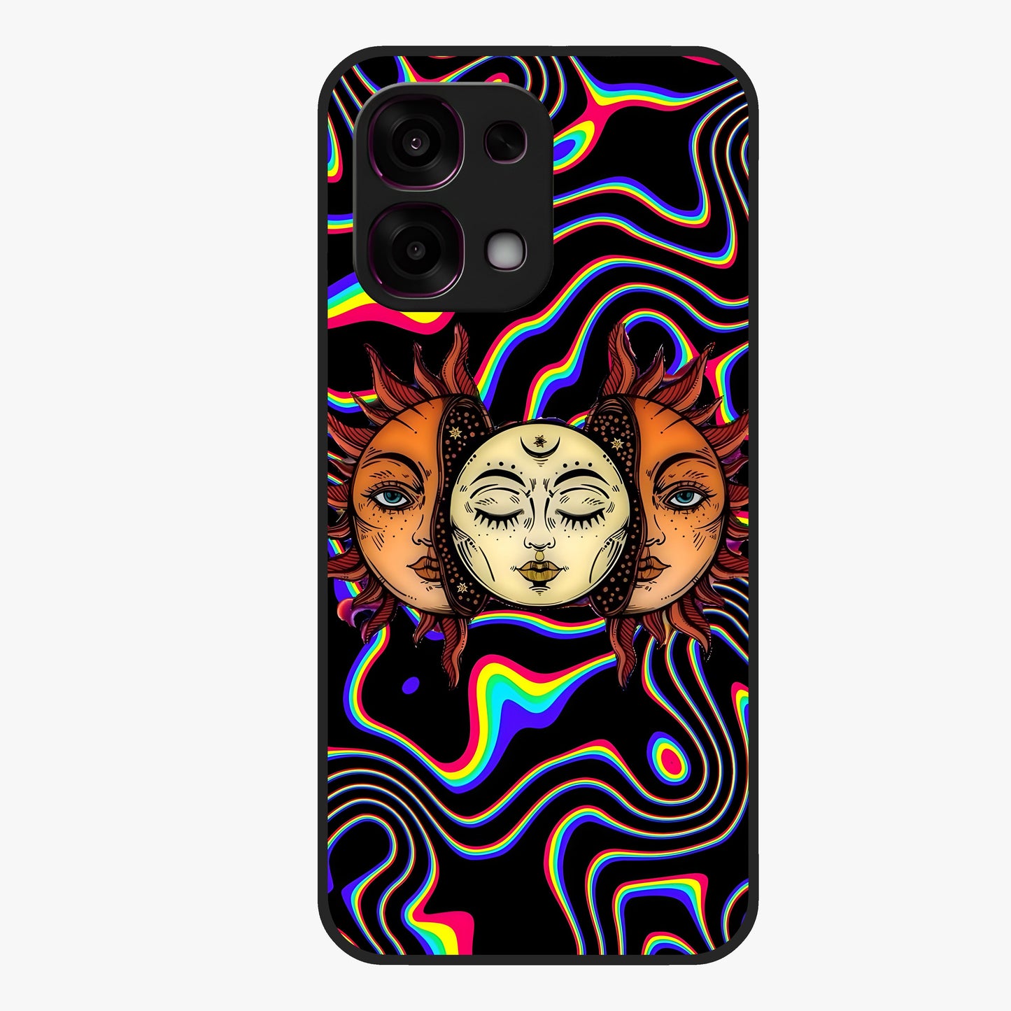 Psychedelic Sun Glass Case showing flat back view with colorful psychedelic sun artwork and glossy glass finish.
