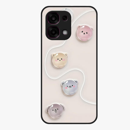 Puffy Face Parade Glass Case showing flat back view with cute puffy character faces artwork and glossy glass finish.
