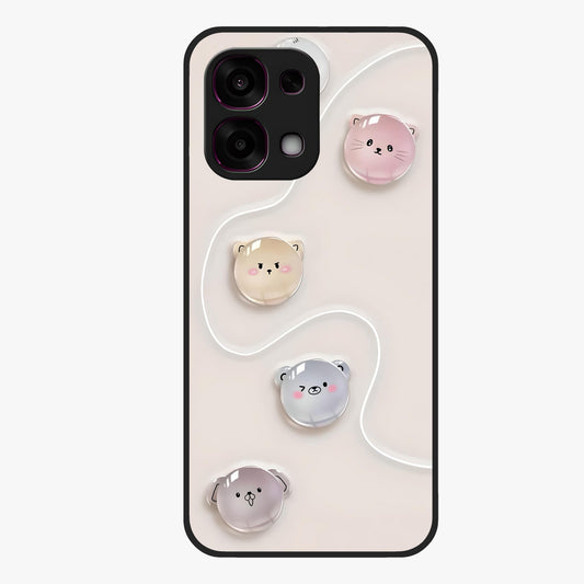 Puffy Face Parade Glass Case showing flat back view with cute puffy character faces artwork and glossy glass finish.
