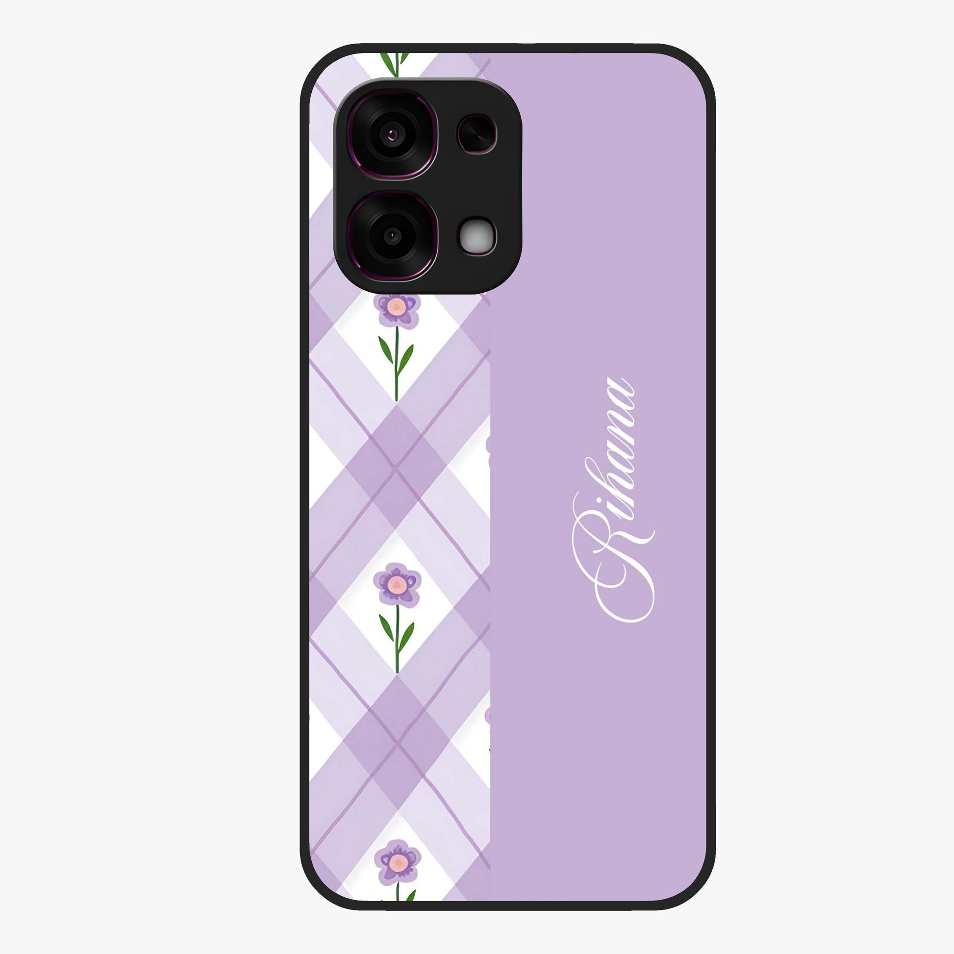 Purple Diamond Floral Glass Case showing flat back view with diamond shaped floral artwork and glossy glass finish.