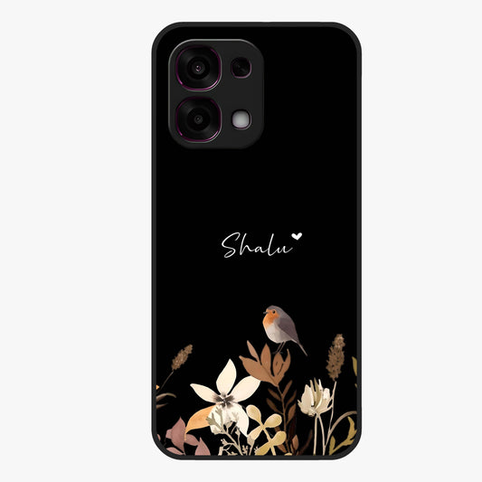 Quiet Garden Tune Custom Name Glass Case showing flat back view with peaceful garden artwork and personalized name design.